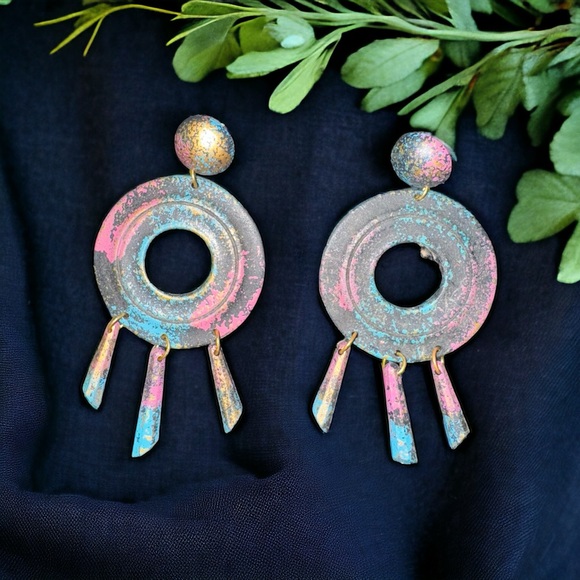 Women's Dangling Earrings - Gold, Turquoise & Pink - Wooden Whimsy - Picture 4 of 6